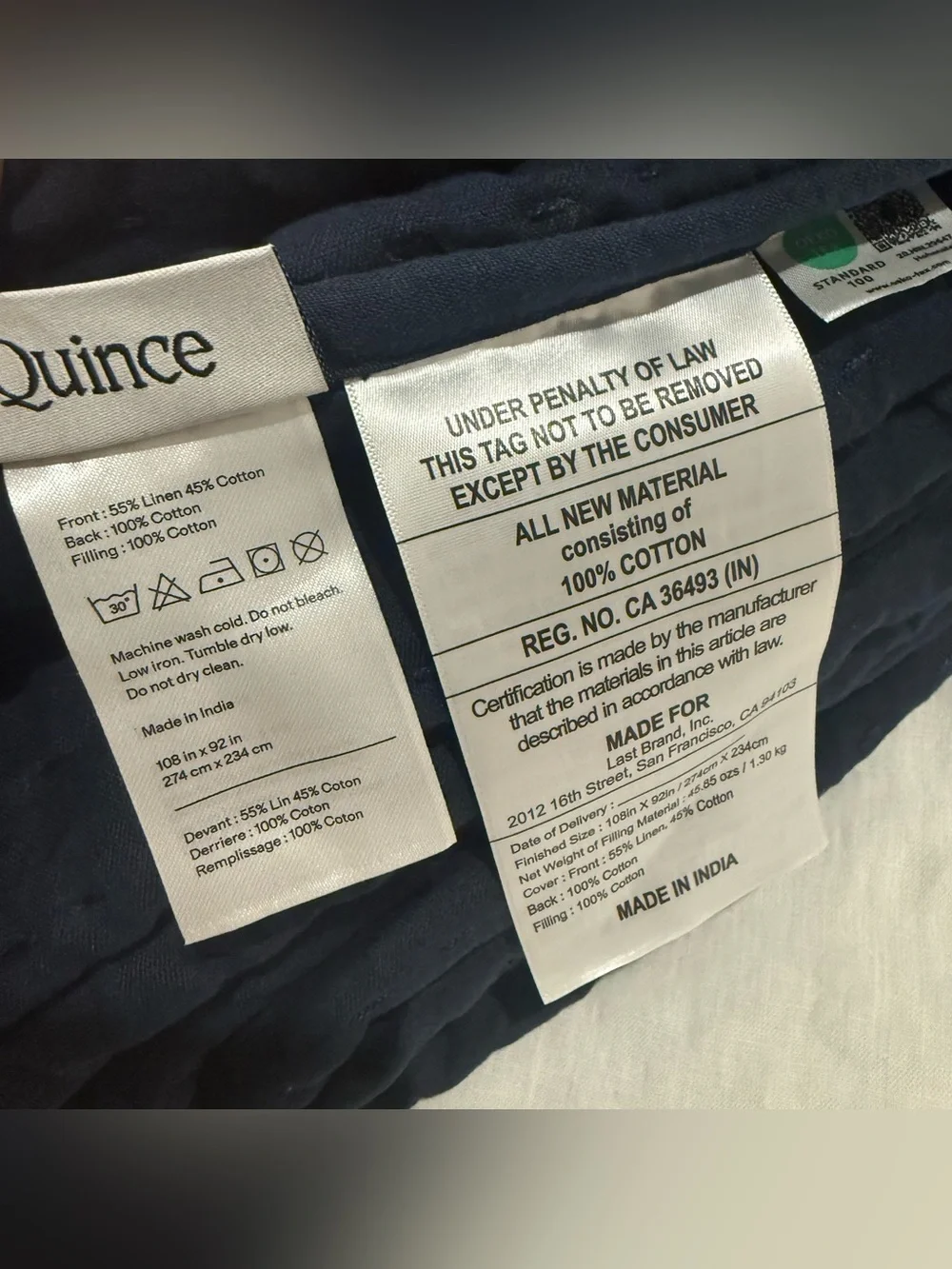 New Quince European Linen Cotton Stitch Quilt Set King/CalKing MSRP $219.90 Navy